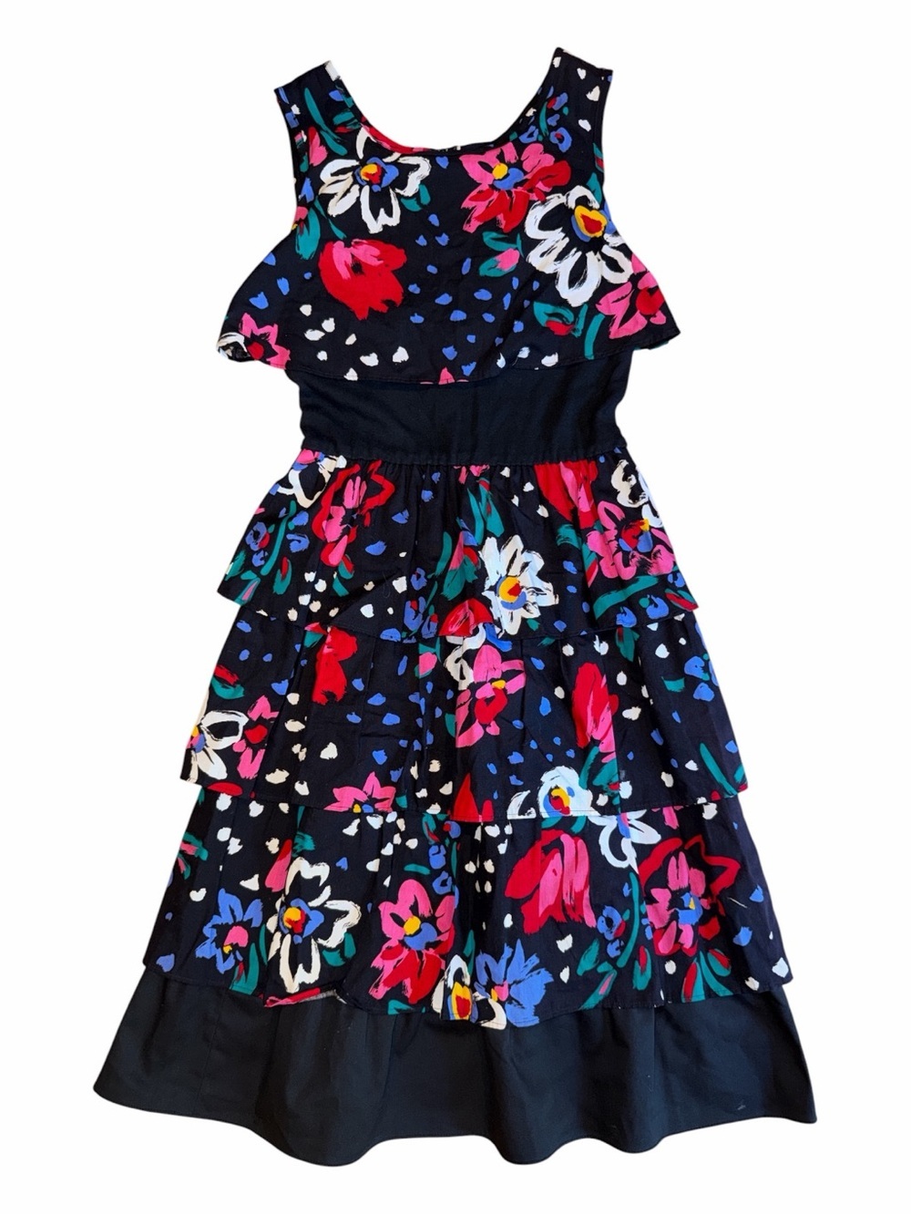 Liberty House, vintage Black Floral Ruffle High-Low Tiered Dress